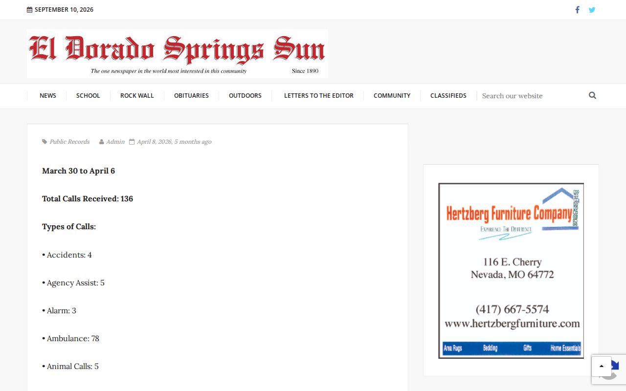 El Dorado Springs Sun Cedar County Sheriff weekly public-record report