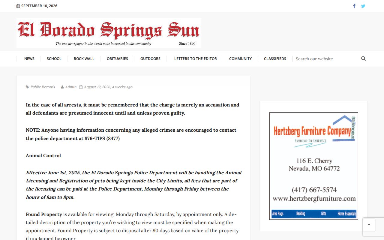 El Dorado Springs weekly police arrest report in Cedar County