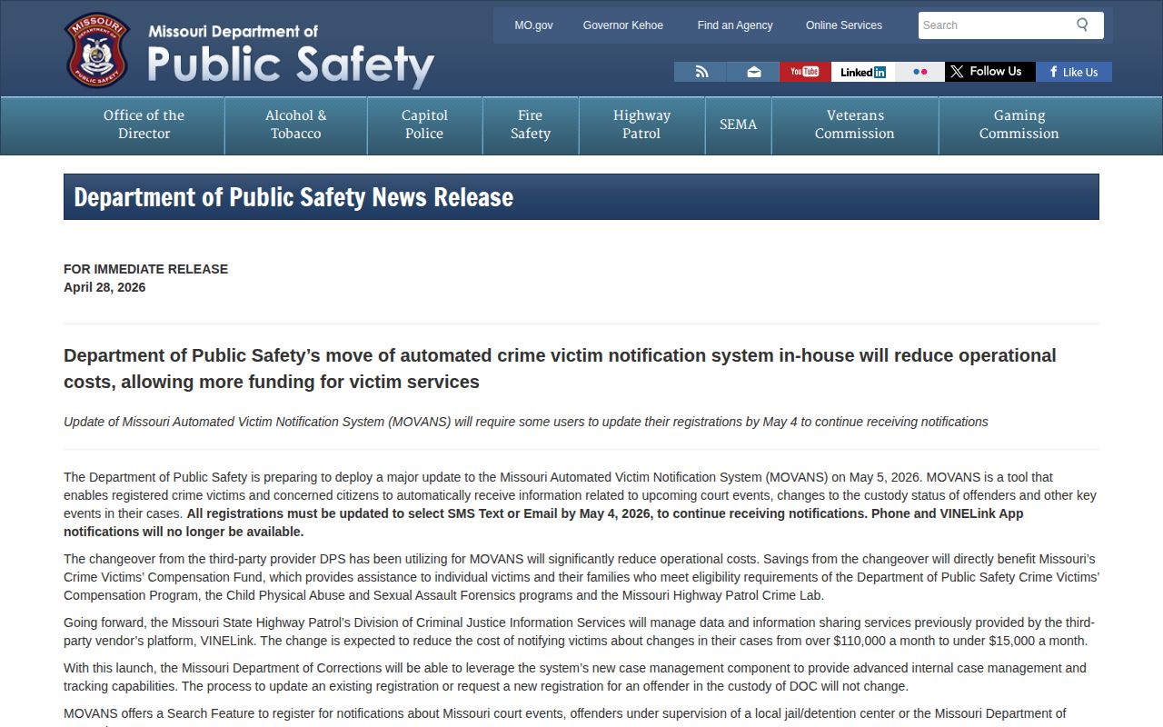 Missouri DPS notice about the May 2026 MOVANS change