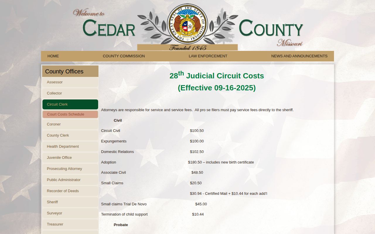 Cedar County arrest record expungement court cost schedule
