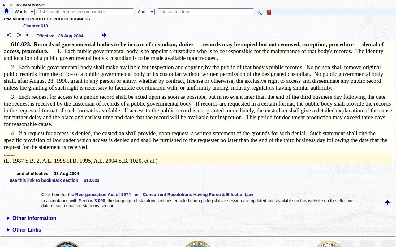 Missouri Sunshine Law response rule for Cedar County arrest records